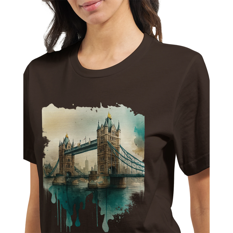 London Tower Bridge printed t-shirt for men and women – soft cotton travel souvenir shirt featuring bold animated artwork. Ideal for lovers of British culture, gift for travelers, and premium quality DTG printing apparel.