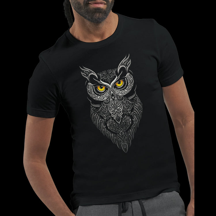 Close-up of Arabic calligraphy on black cotton t-shirt, designed for durability and high-resolution DTG printing. Guardian of the Night motif stands out as bold graphic art. A must-have cultural streetwear tee for identity-conscious creators and trendsetters.