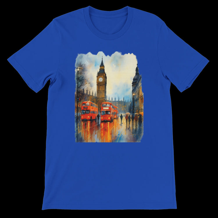 True Royal London t-shirt with Big Ben and double-decker bus illustration.