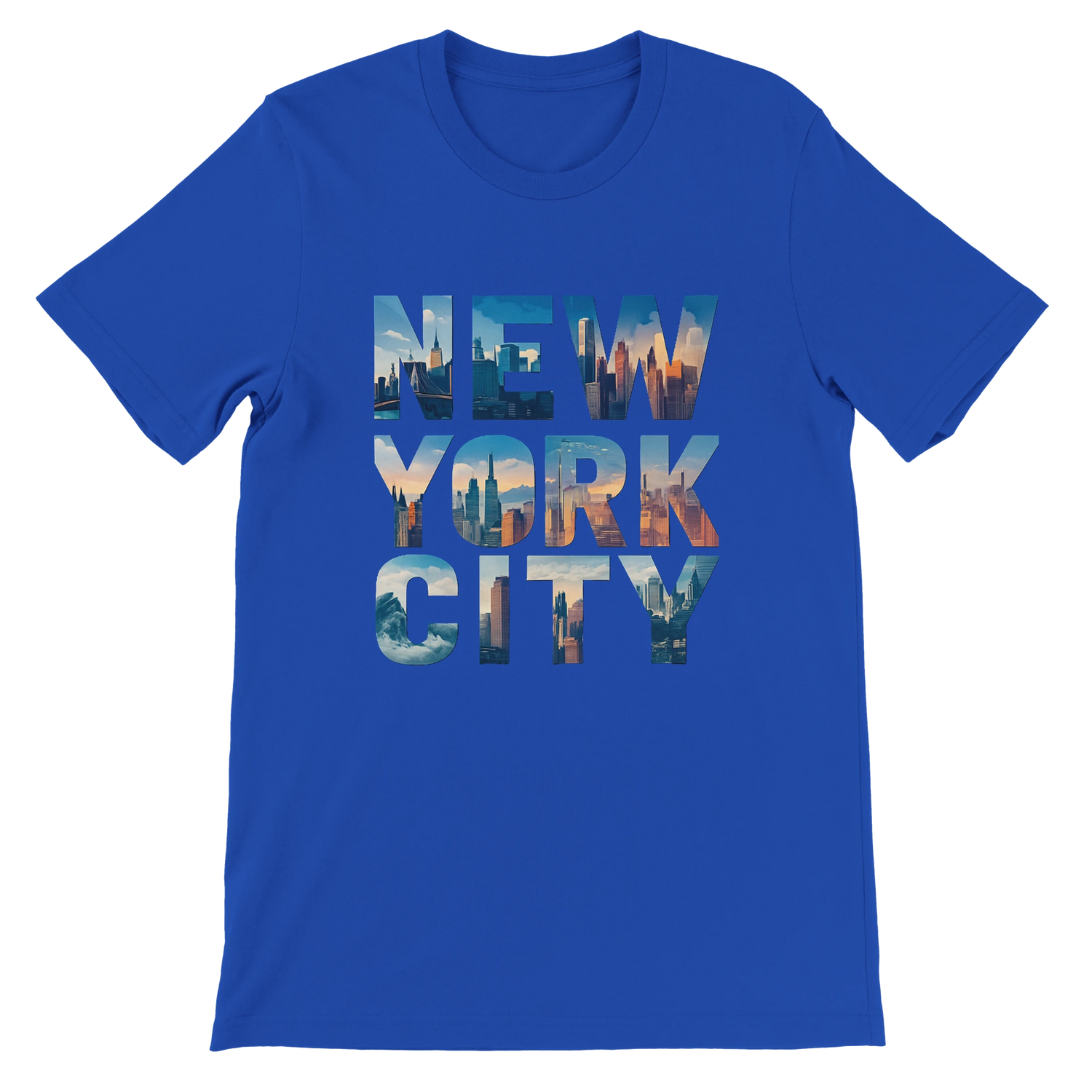 True royal blue NYC skyline graphic t shirt featuring animated landmark design soft breathable cotton modern unisex fit perfect for travel lovers and trendy streetwear fans
