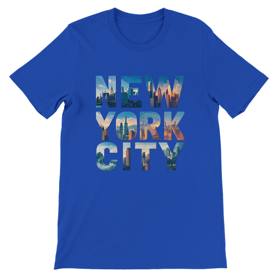 True royal blue NYC skyline graphic t shirt featuring animated landmark design soft breathable cotton modern unisex fit perfect for travel lovers and trendy streetwear fans