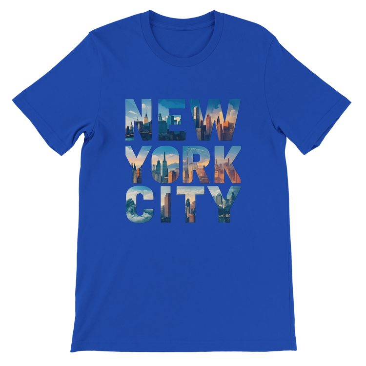 True royal blue NYC skyline graphic t shirt featuring animated landmark design soft breathable cotton modern unisex fit perfect for travel lovers and trendy streetwear fans
