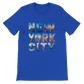True royal blue NYC skyline graphic t shirt featuring animated landmark design soft breathable cotton modern unisex fit perfect for travel lovers and trendy streetwear fans