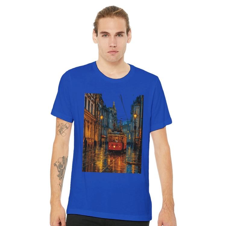 Animated Istanbul city scene t-shirt showcasing Taksim Street in vibrant artistic style made for travelers urban explorers and those who love unique cotton graphic tees with landmark themes