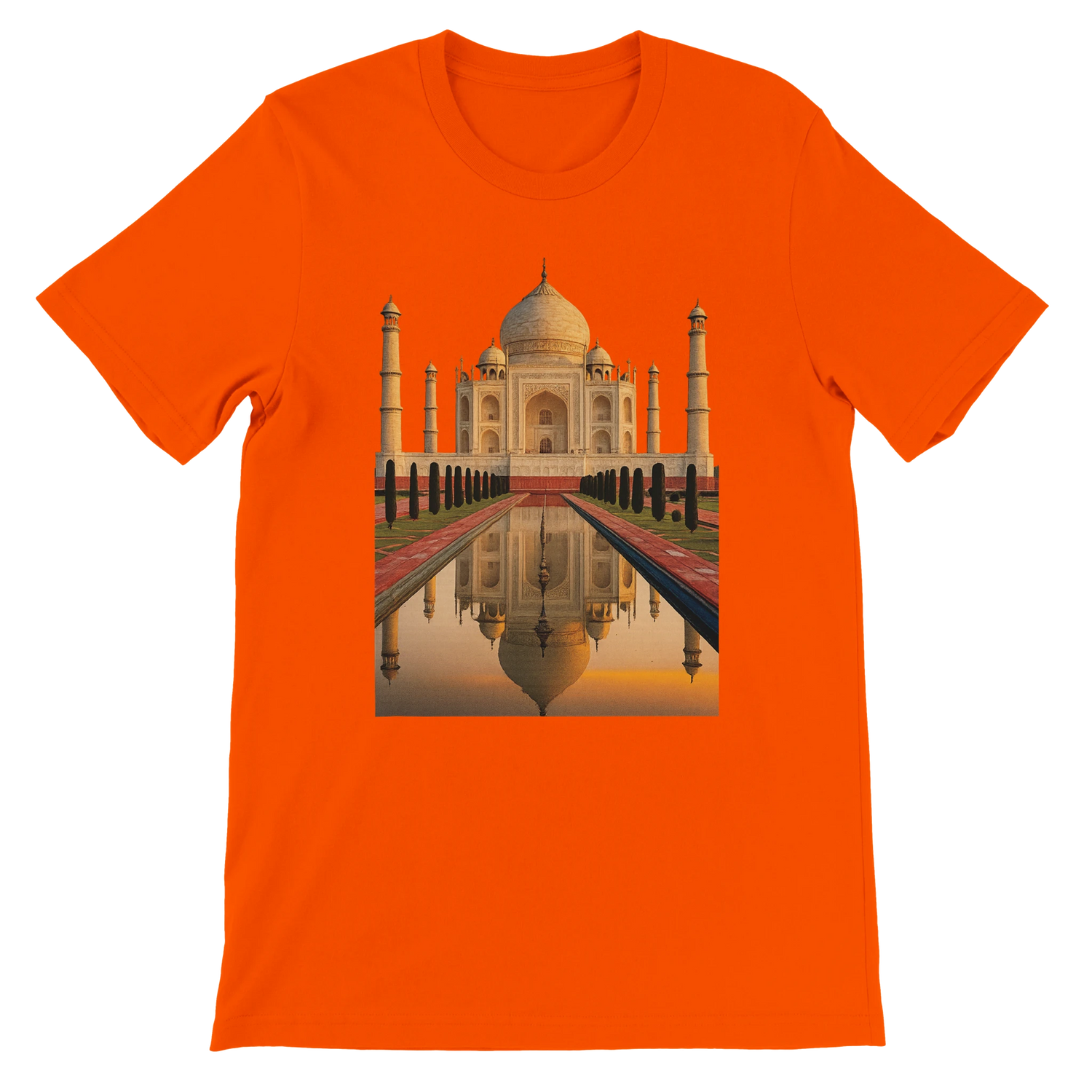 Bright orange t-shirt with animated Taj Mahal print inspired by Indian heritage. Made from soft 100 percent cotton, perfect for DTG printing and modern streetwear looks. Eco-friendly unisex tee with vibrant global art, perfect for travelers and cultural creatives.