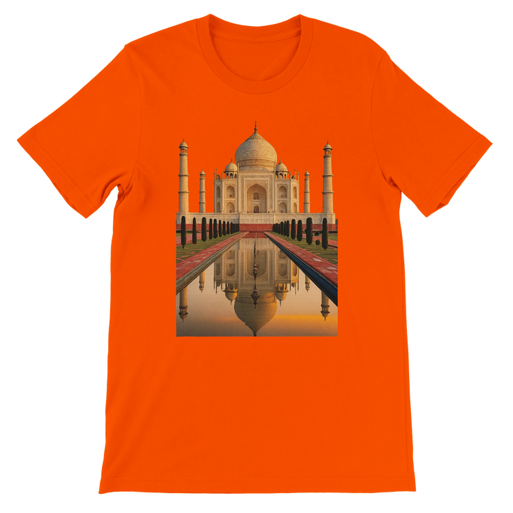 Bright orange t-shirt with animated Taj Mahal print inspired by Indian heritage. Made from soft 100 percent cotton, perfect for DTG printing and modern streetwear looks. Eco-friendly unisex tee with vibrant global art, perfect for travelers and cultural creatives.