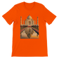 Bright orange t-shirt with animated Taj Mahal print inspired by Indian heritage. Made from soft 100 percent cotton, perfect for DTG printing and modern streetwear looks. Eco-friendly unisex tee with vibrant global art, perfect for travelers and cultural creatives.