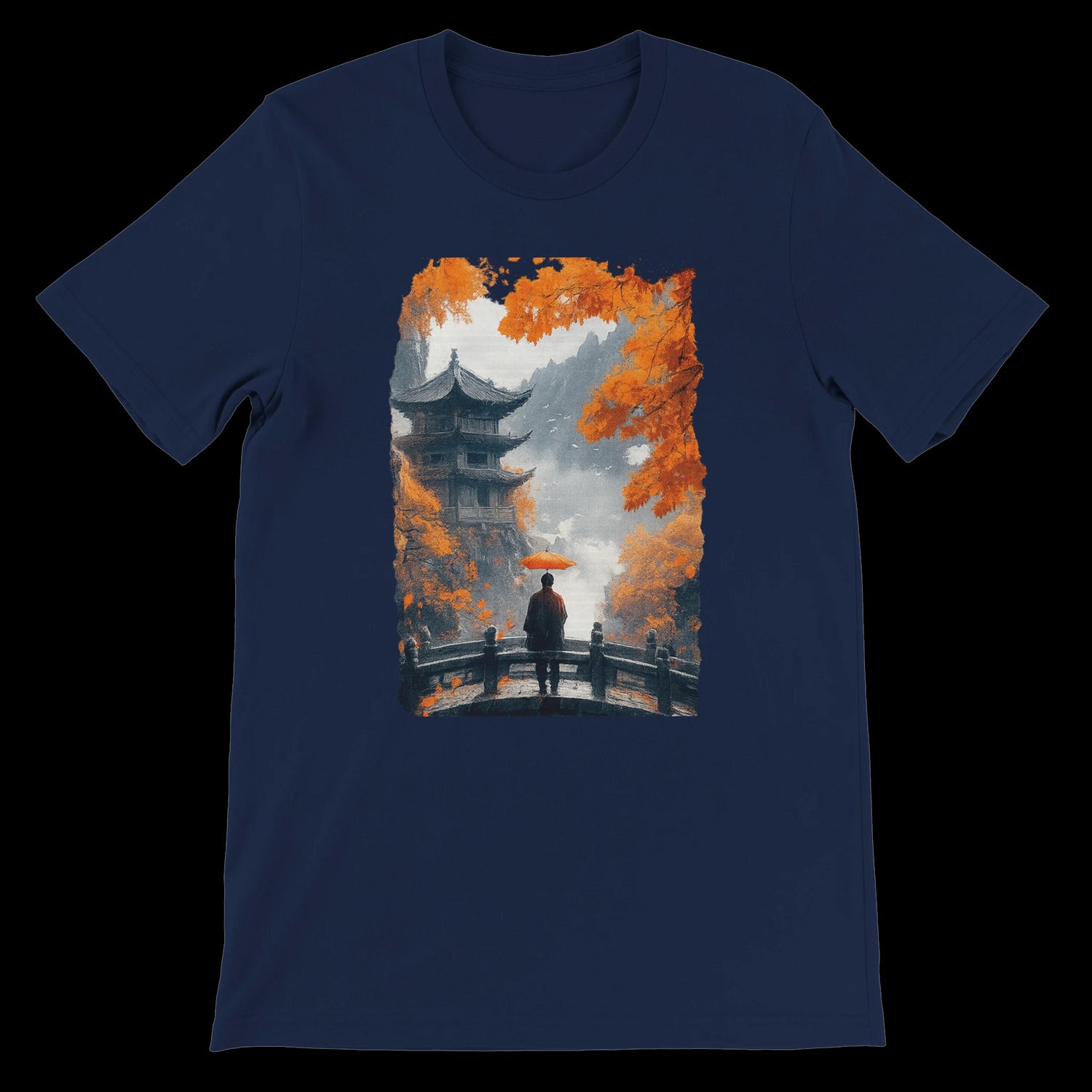 Navy blue tee with Asian pagoda, bridge, and red umbrella illustration.