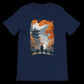 Navy blue tee with Asian pagoda, bridge, and red umbrella illustration.