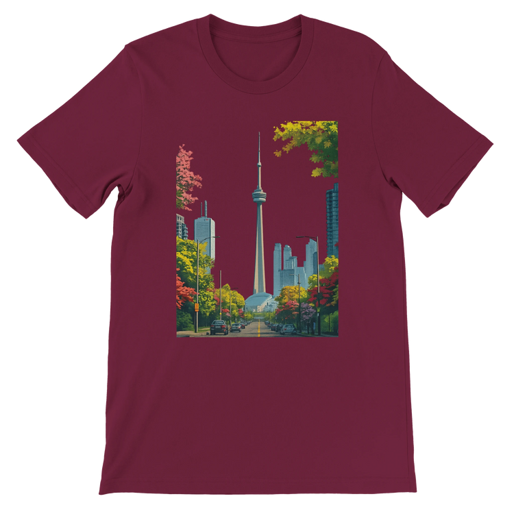 Maroon Toronto skyline shirt with animated CN Tower and vivid city art print on soft cotton. Designed for urban style lovers and travel enthusiasts who embrace global culture. Premium DTG printed unisex tee ideal for everyday streetwear fashion.