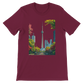 Maroon Toronto skyline shirt with animated CN Tower and vivid city art print on soft cotton. Designed for urban style lovers and travel enthusiasts who embrace global culture. Premium DTG printed unisex tee ideal for everyday streetwear fashion.