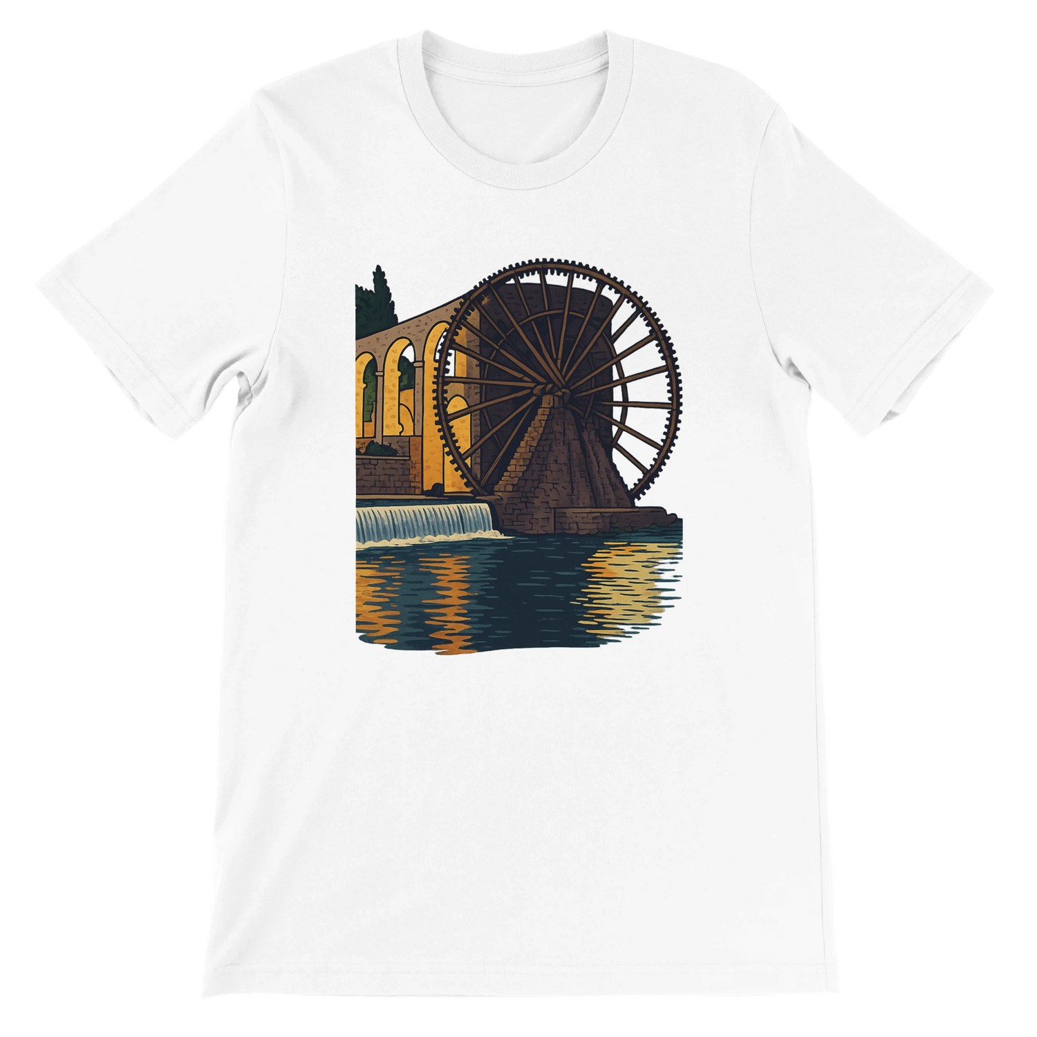 White graphic t-shirt featuring animated Hama WaterWheels of Syria in vibrant artistic style. Premium unisex tee made from soft Airlume cotton for comfort and durability. Perfect for travel lovers, world landmark enthusiasts, and streetwear fashion.