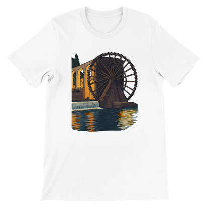 White graphic t-shirt featuring animated Hama WaterWheels of Syria in vibrant artistic style. Premium unisex tee made from soft Airlume cotton for comfort and durability. Perfect for travel lovers, world landmark enthusiasts, and streetwear fashion.