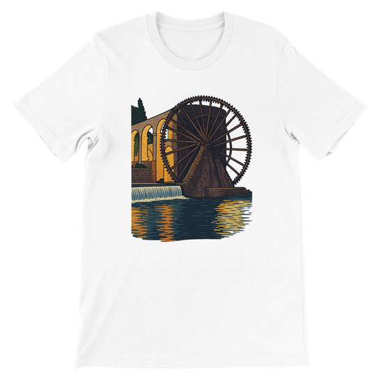 White graphic t-shirt featuring animated Hama WaterWheels of Syria in vibrant artistic style. Premium unisex tee made from soft Airlume cotton for comfort and durability. Perfect for travel lovers, world landmark enthusiasts, and streetwear fashion.