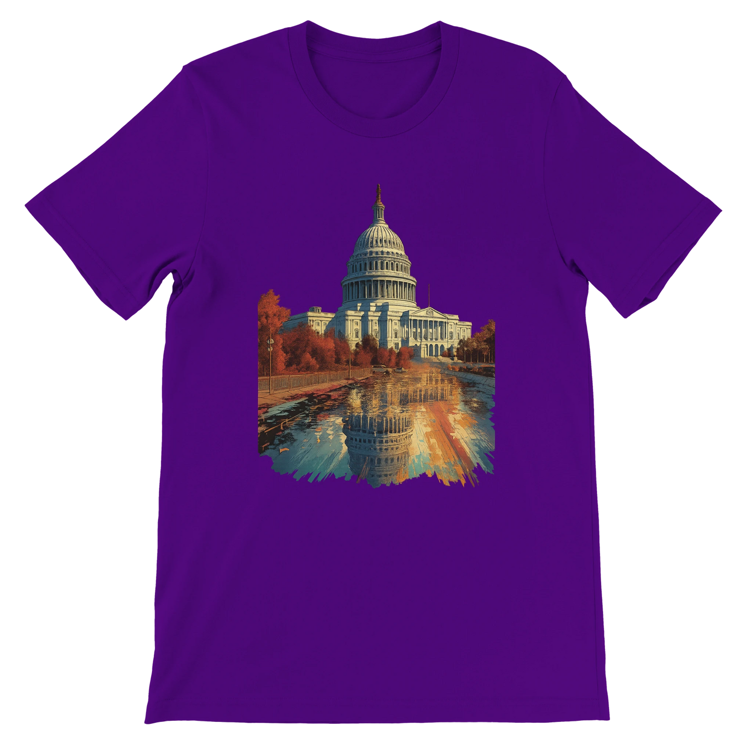 Team purple streetwear t-shirt with animated White House graphic. Premium cotton travel tee featuring Washington DC landmark art for global-minded, fashion-forward wearers.