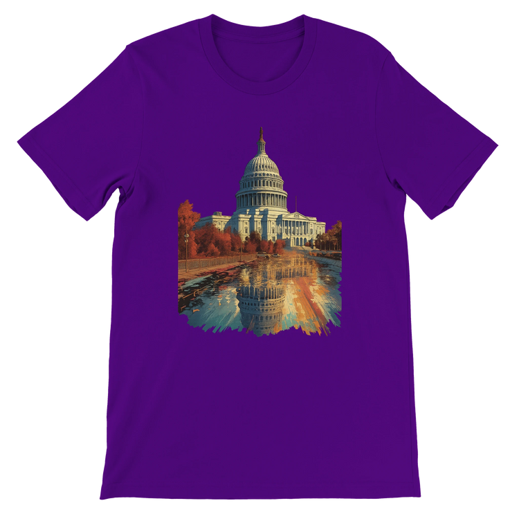 Team purple streetwear t-shirt with animated White House graphic. Premium cotton travel tee featuring Washington DC landmark art for global-minded, fashion-forward wearers.