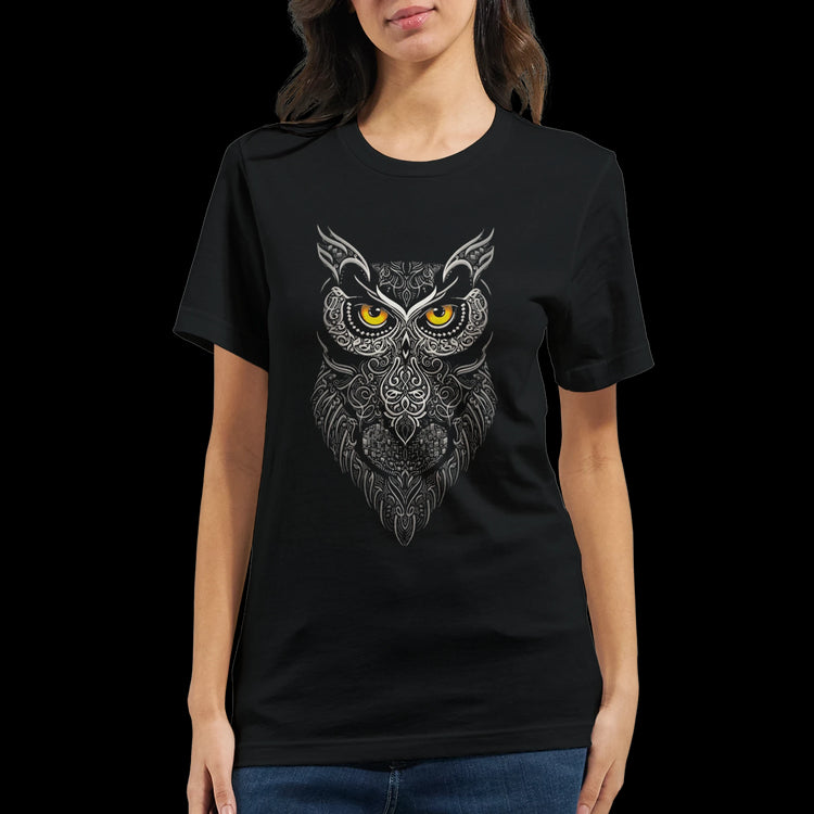 Lifestyle shot of black unisex t-shirt featuring calligraphy-style Guardian of the Night print. Soft fabric with tailored fit makes it ideal for everyday fashion, modest streetwear, and print-on-demand personalization. Expressive and modern Islamic art statement.