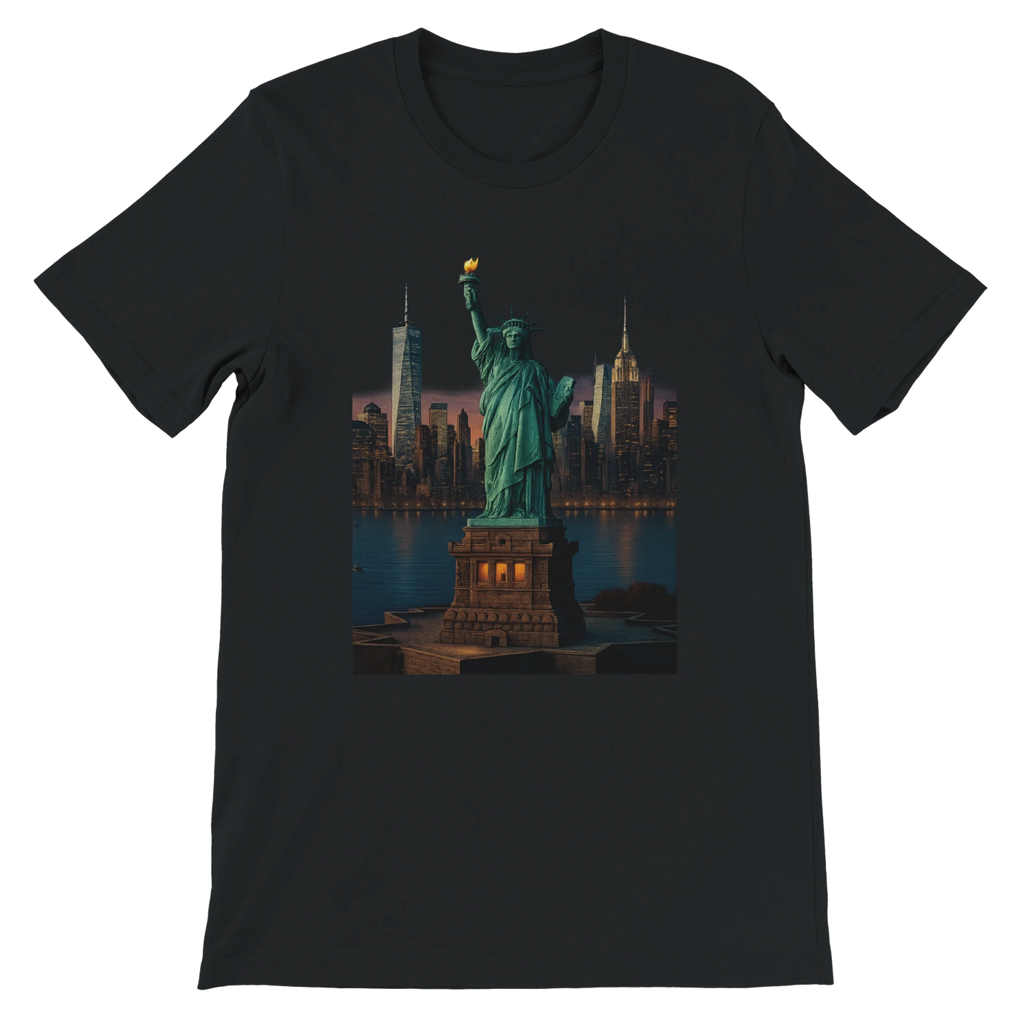 Black Statue of Liberty New York City animated style t-shirt with bold landmark design. Premium cotton streetwear tee for patriotic style urban fashion and global culture expression.