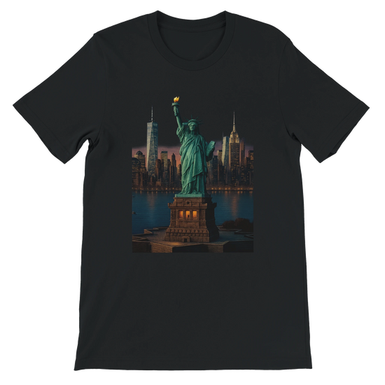Black Statue of Liberty New York City animated style t-shirt with bold landmark design. Premium cotton streetwear tee for patriotic style urban fashion and global culture expression.