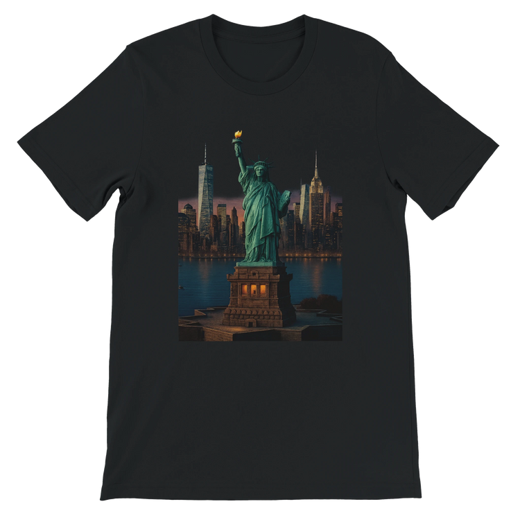 Black Statue of Liberty New York City animated style t-shirt with bold landmark design. Premium cotton streetwear tee for patriotic style urban fashion and global culture expression.