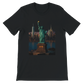 Black Statue of Liberty New York City animated style t-shirt with bold landmark design. Premium cotton streetwear tee for patriotic style urban fashion and global culture expression.