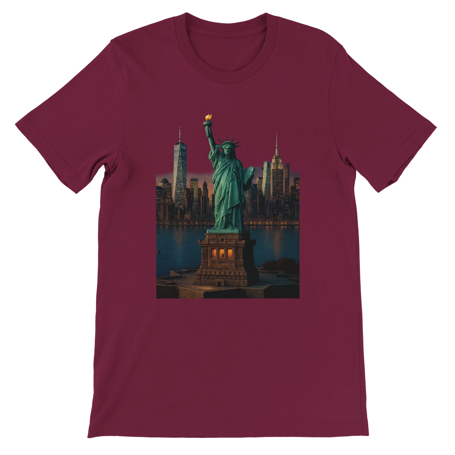 Maroon Statue of Liberty animated style t-shirt with New York City inspired graphic print. Ideal for street fashion patriotic outfits and global culture lovers.