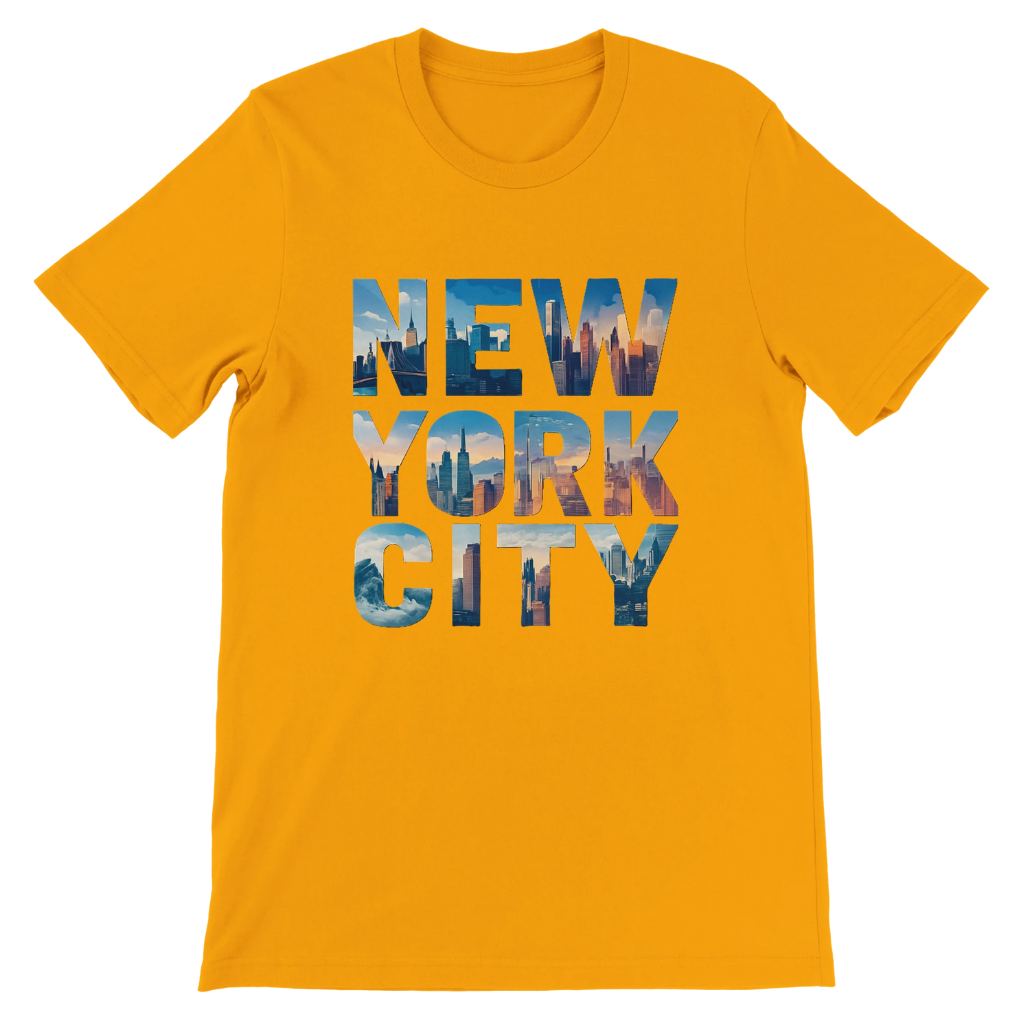 Gold New York City animated skyline t shirt premium cotton tee with vibrant design ideal for city lovers and travelers comfortable streetwear essential with modern fashion appeal