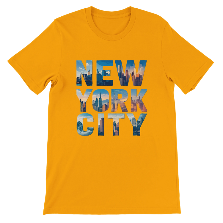 Gold New York City animated skyline t shirt premium cotton tee with vibrant design ideal for city lovers and travelers comfortable streetwear essential with modern fashion appeal