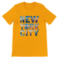 Gold New York City animated skyline t shirt premium cotton tee with vibrant design ideal for city lovers and travelers comfortable streetwear essential with modern fashion appeal