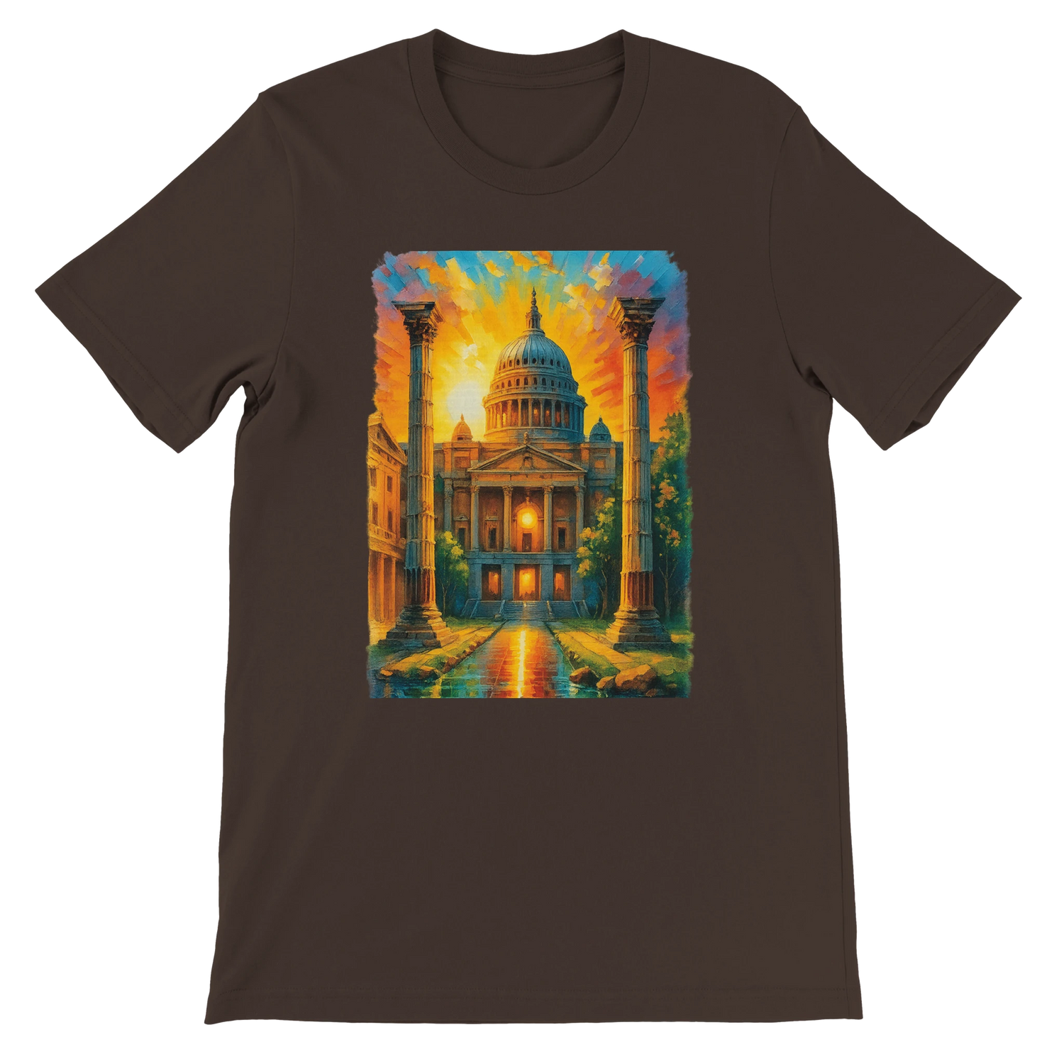 Brown t-shirt with detailed St. Paul’s Cathedral London illustration in a modern, animated design. Streetwear essential crafted for travelers and DTG printing. Ideal for showcasing global pride and landmark fashion.