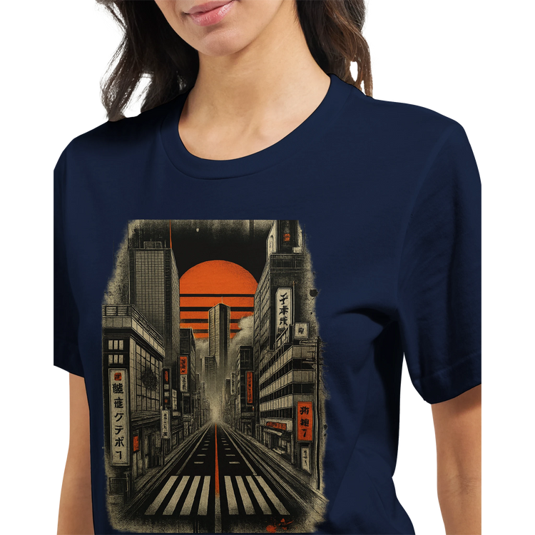 Japanese city nightscape cotton shirt featuring colorful neon Tokyo skyline artwork stylish unisex streetwear piece sustainable print on demand apparel ideal for modern travelers and pop culture fans