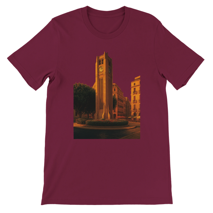 Maroon Beirut animated style t-shirt with colorful Solidere Square city design printed using DTG technology for vibrant travel inspired fashion urban streetwear and gift ideas for travelers