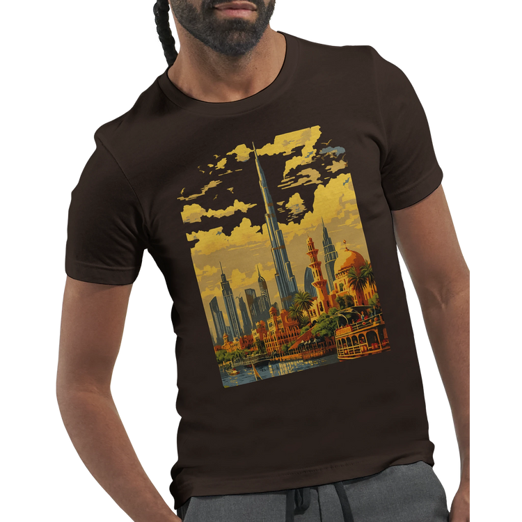 Colorful Burj Khalifa animated style t shirt for travel lovers skyline enthusiasts and architecture admirers made from soft cotton fabric for lasting comfort perfect for city fashion streetwear outfits and print on demand apparel collections