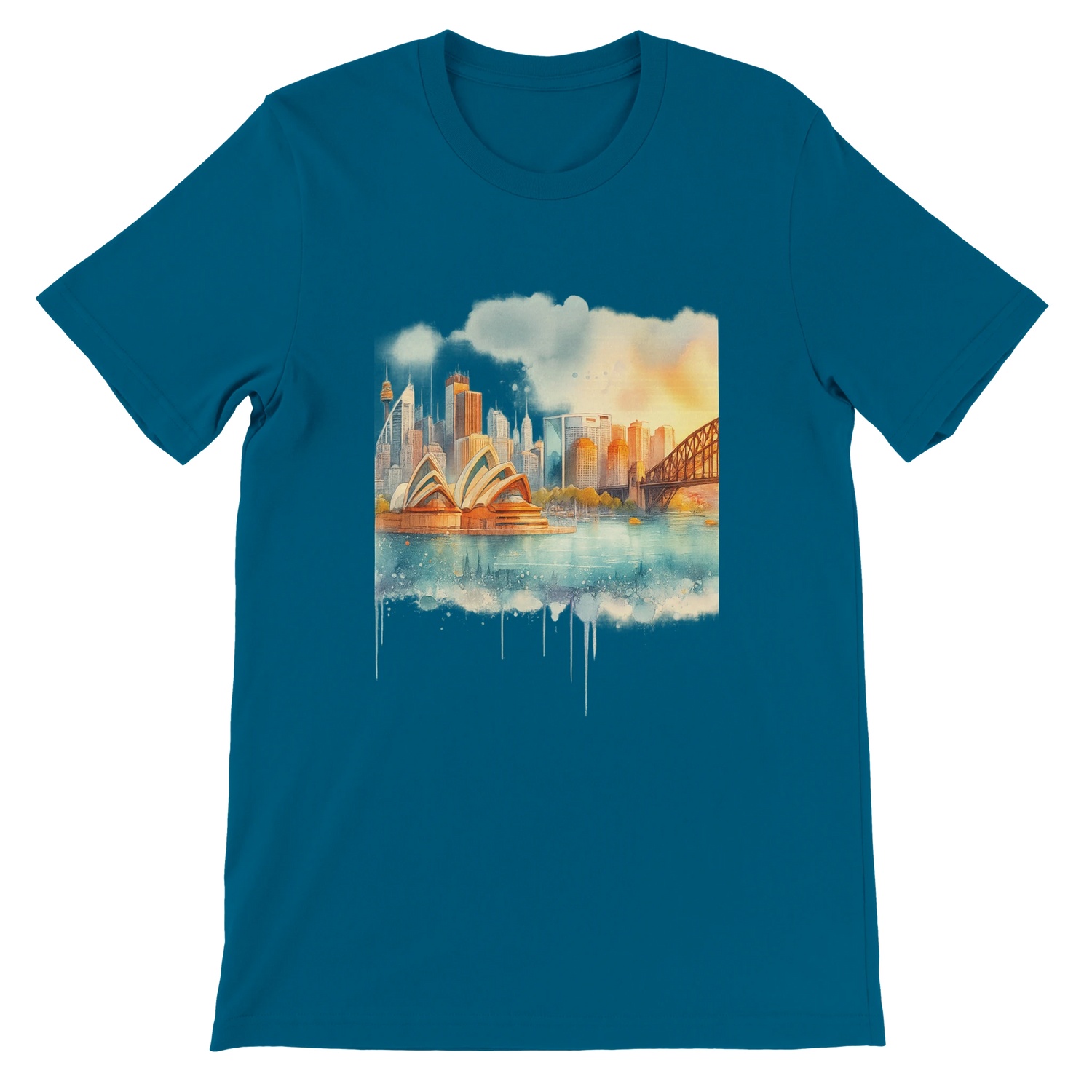 Deep teal Sydney Australia landmark shirt featuring bold animated illustration of the Opera House and Harbour Bridge. Crafted for comfort, global pride, and premium DTG printing. A stylish urban fashion piece for wanderlust-driven streetwear.