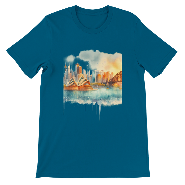 Deep teal Sydney Australia landmark shirt featuring bold animated illustration of the Opera House and Harbour Bridge. Crafted for comfort, global pride, and premium DTG printing. A stylish urban fashion piece for wanderlust-driven streetwear.
