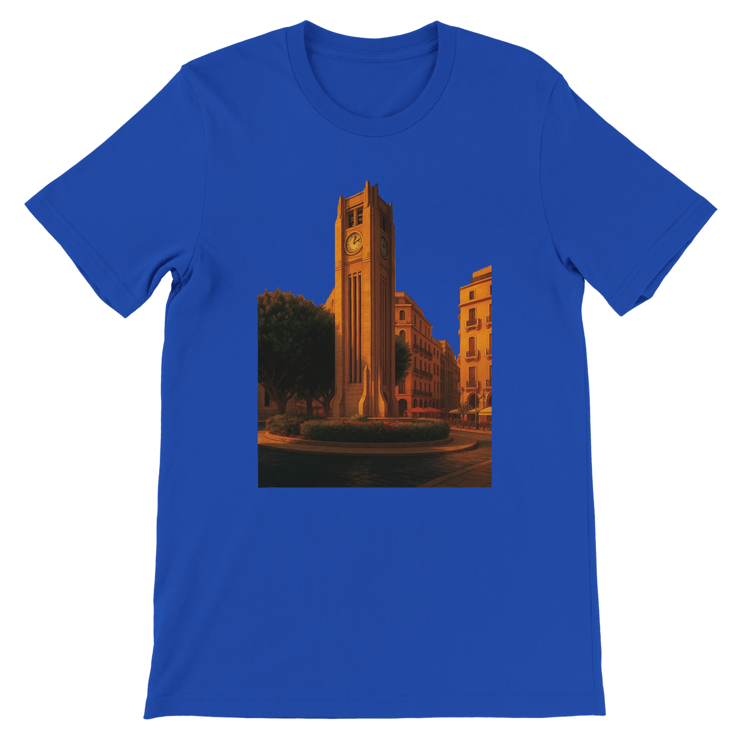 True royal blue Beirut animated landmark t-shirt featuring detailed Solidere Square design printed on eco friendly soft cotton ideal for cultural fashion world travel lovers and urban street style