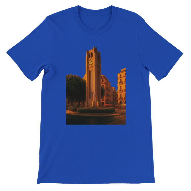 True royal blue Beirut animated landmark t-shirt featuring detailed Solidere Square design printed on eco friendly soft cotton ideal for cultural fashion world travel lovers and urban street style
