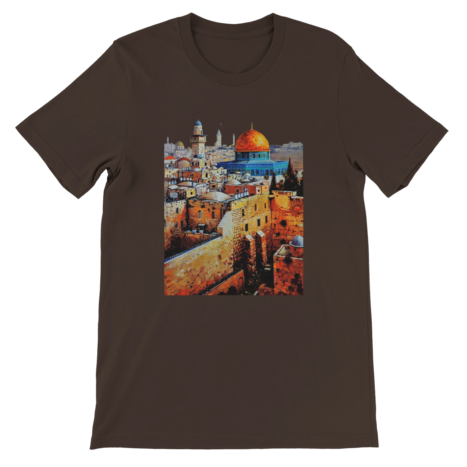 Brown Al Aqsa Mosque animated landmark T-shirt with unique artistic print celebrating cultural heritage. Premium cotton unisex tee for travelers streetwear enthusiasts and lovers of Islamic architecture.