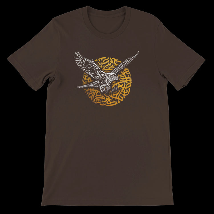 Brown calligraphy bird design t-shirt printed with a soaring falcon artwork.