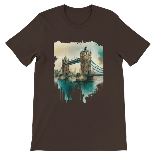 Brown animated Tower Bridge t-shirt with artistic London city print – DTG print-ready tee crafted from premium cotton. A must-have for global culture enthusiasts and modern streetwear outfits.