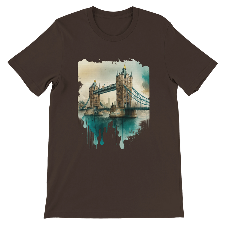 Brown animated Tower Bridge t-shirt with artistic London city print – DTG print-ready tee crafted from premium cotton. A must-have for global culture enthusiasts and modern streetwear outfits.