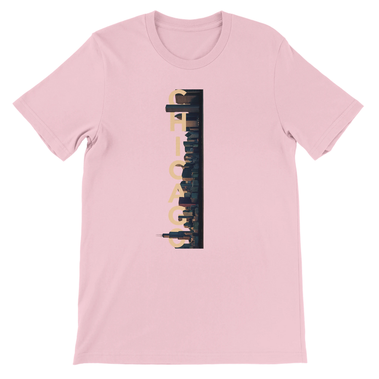 Pink Chicago City Graphic T Shirt featuring playful animated skyline art vibrant unisex streetwear tee for city culture enthusiasts and global travel fashion trends