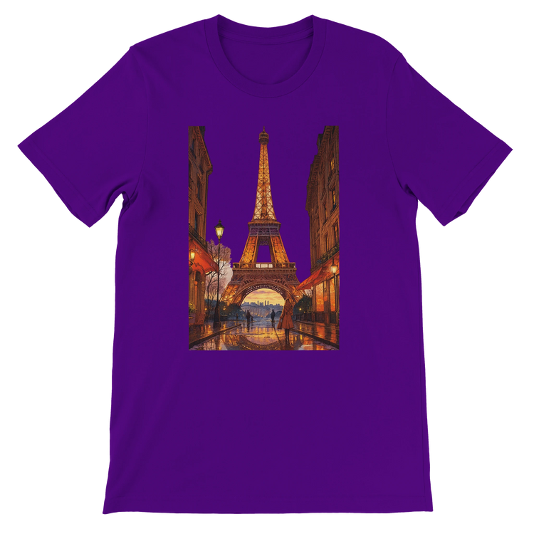 Team purple animated Eiffel Tower Paris t-shirt with vibrant travel art premium breathable cotton unisex fit perfect for streetwear lovers travelers and global culture enthusiasts eco friendly print on demand shirt