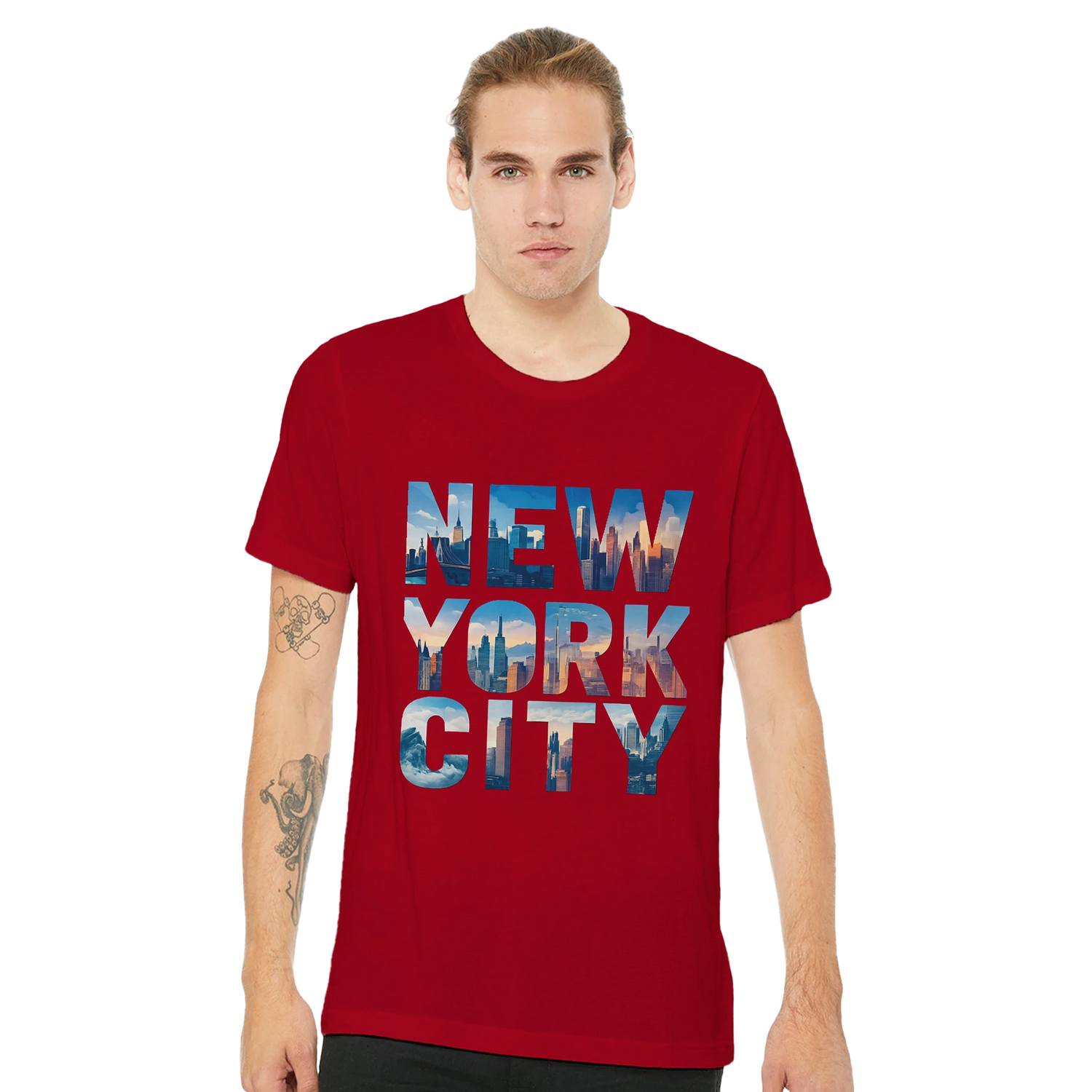 New York City travel t shirt with animated skyline design inside bold lettering premium soft cotton tee perfect for world travelers dreamers and urban explorers stylish NYC vacation outfit idea