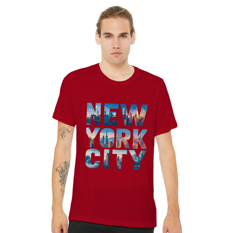 New York City travel t shirt with animated skyline design inside bold lettering premium soft cotton tee perfect for world travelers dreamers and urban explorers stylish NYC vacation outfit idea