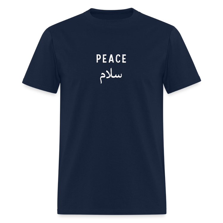 Navy blue Peace T-shirt, durable and comfortable fabric.