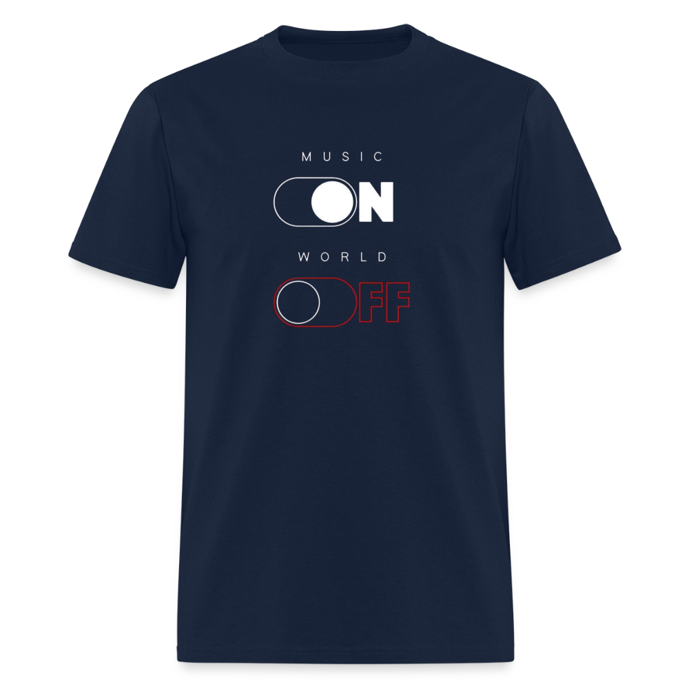 Navy blue Music ON-World OFF graphic tee.