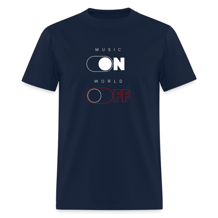 Navy blue Music ON-World OFF graphic tee.