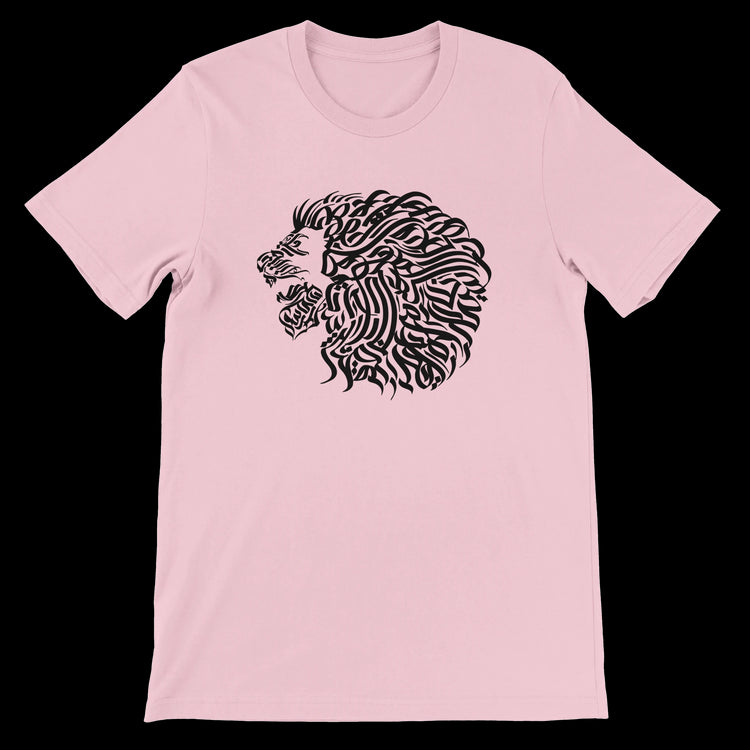 Pink calligraphy style graphic t-shirt with bold Middle Eastern art print. Crafted from 100 percent Airlume cotton for ultra-soft feel and detailed DTG printing. Stylish unisex streetwear tee for expressive modern fashion.