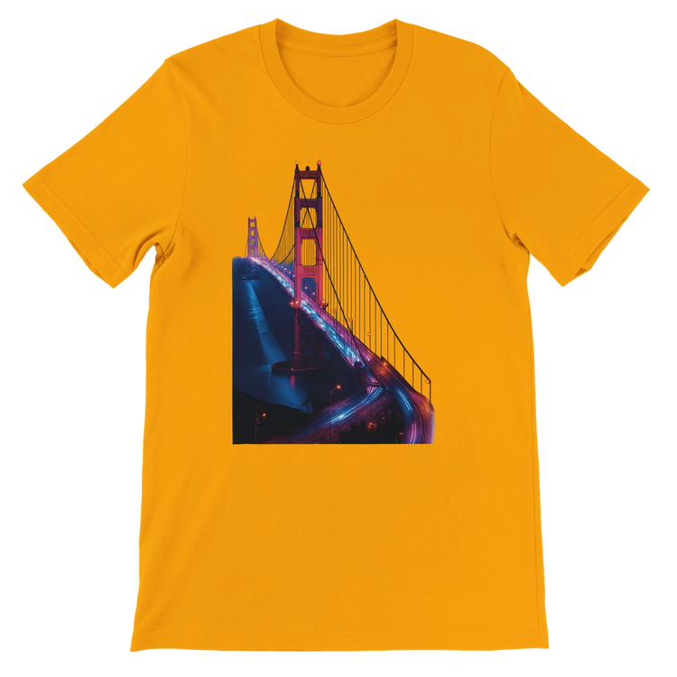 Gold Golden Gate Bridge animated style graphic tee for urban fashion and travel lovers. Comfortable unisex cotton shirt featuring bold landmark design for street style outfits global culture wear and statement travel apparel.